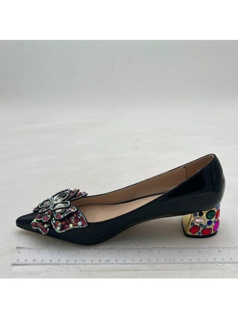 YDN Women Pointed Toe Bow Pump Colorful Rhinestone Block Low Heel Butterfly Slip